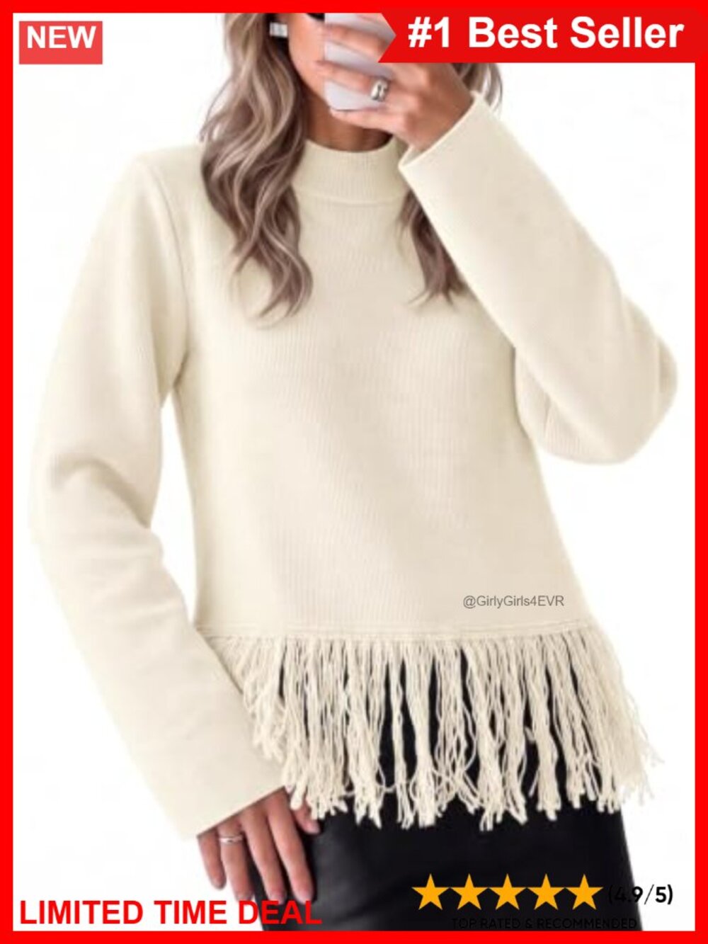 Fringe Hem Mock Neck Long Sleeve Knit Pullover Sweater